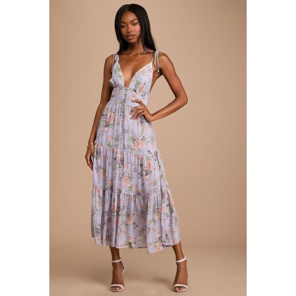 Lulu's Floral Midi Dress in Lavender and Pink